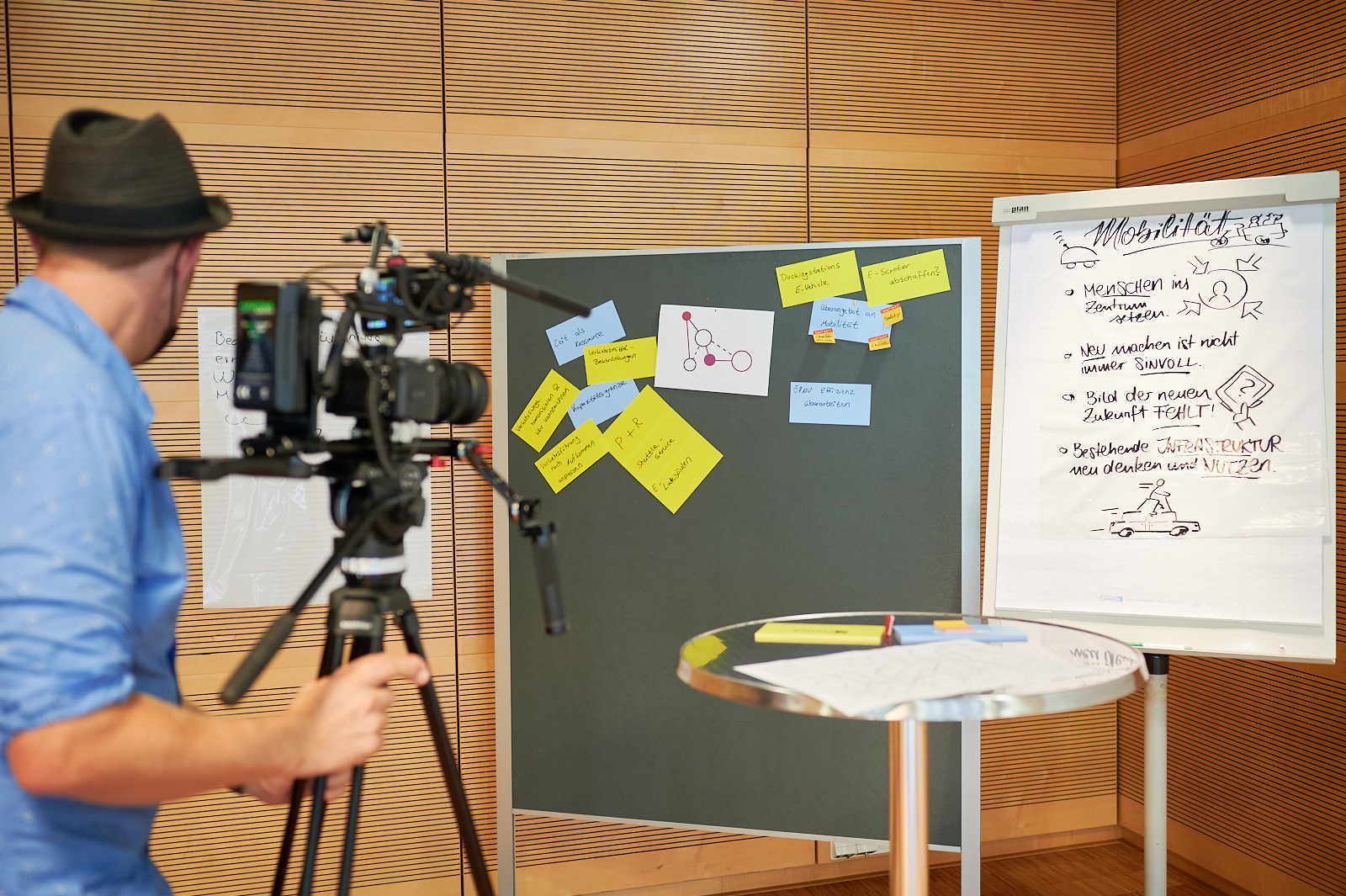 Kameramann filmt Ergebnisse eine Gruppenarbeit an Pinnwänden und Flipcharts