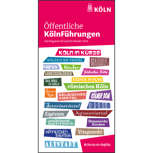 Auf dem Cover sind viele bunte Textfelder mit den Titel der Stadtführungen zu sehen.