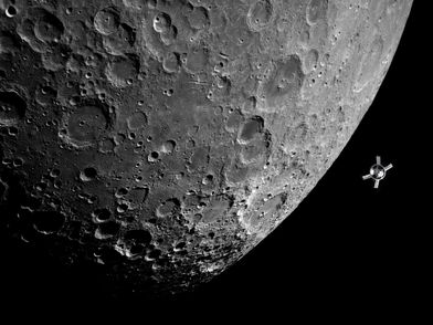 Raumschiff Orion fliegt um den Mon